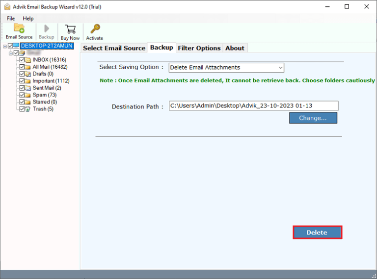 click Backup to delete email attachments in Zoho Mail