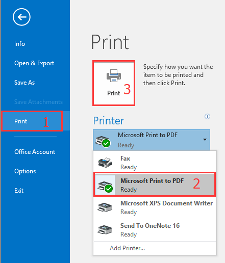 Select Print >> Print >> Microsoft Print to PDF