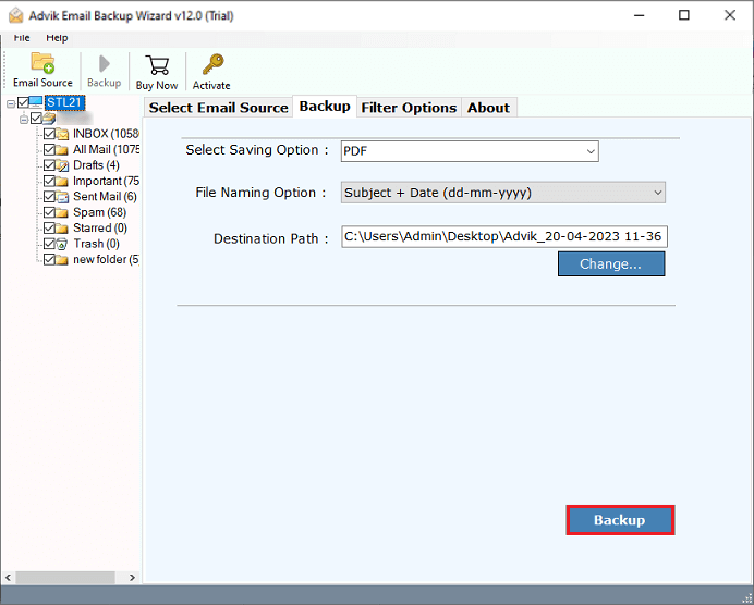 click backup to export exchange online to pdf