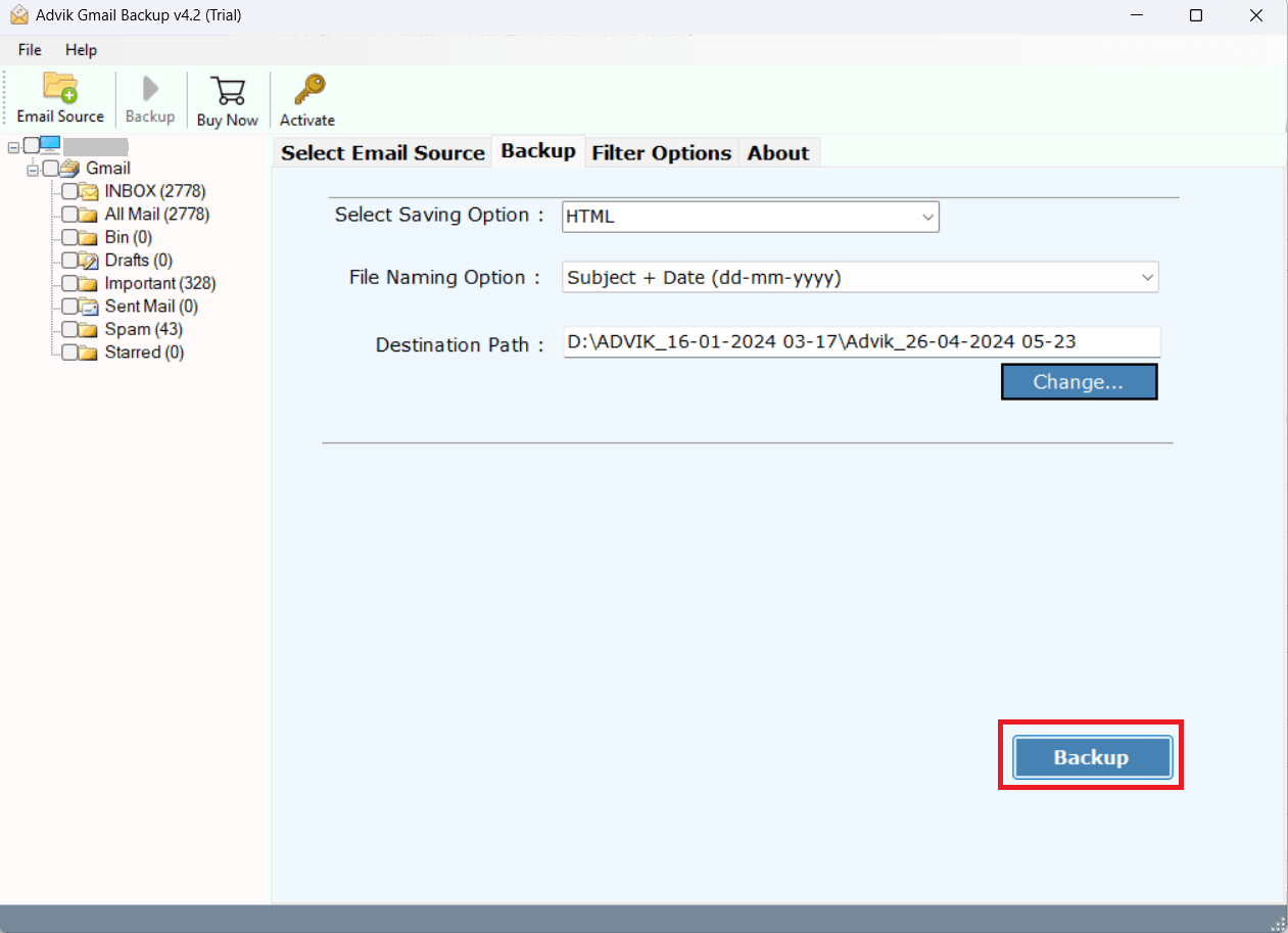 click backup button