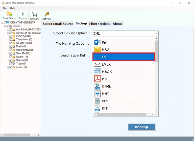 select eml as a saving option