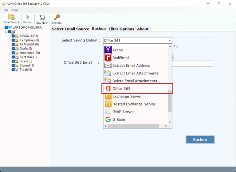 select Office 365 as a saving option