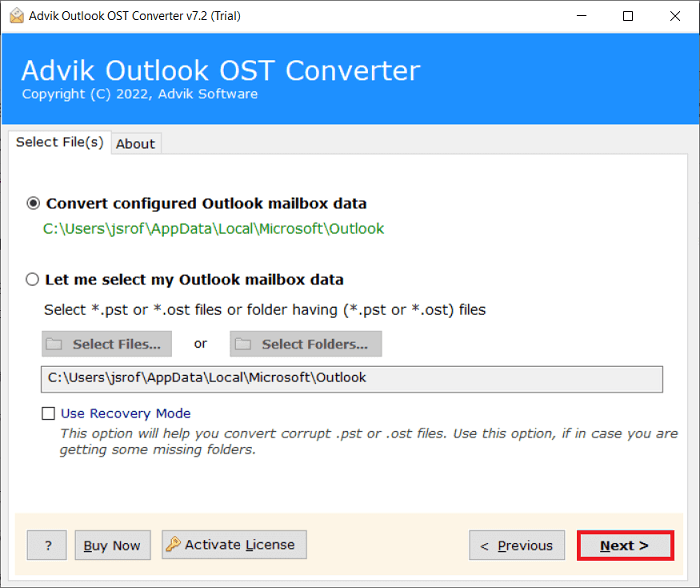 Run the software to transfer outlook folders