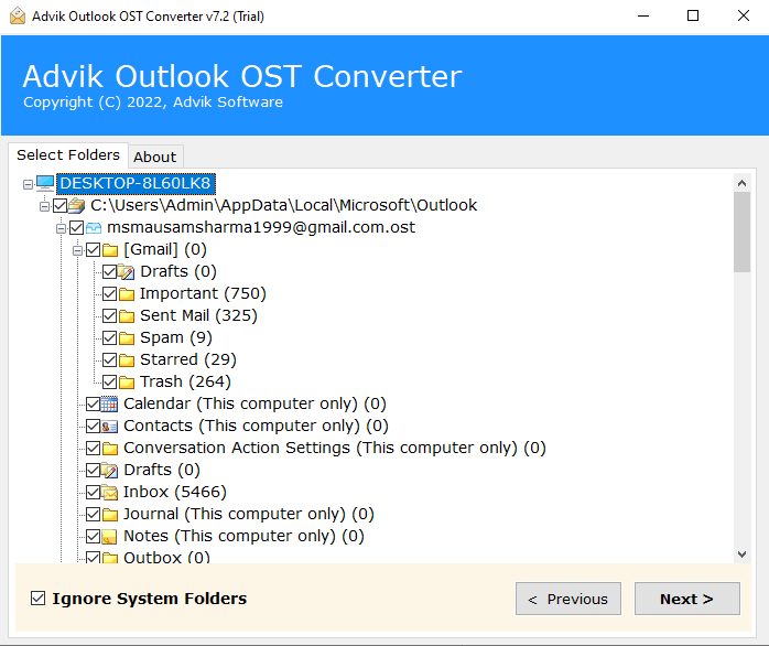 choose Outlook folders to export