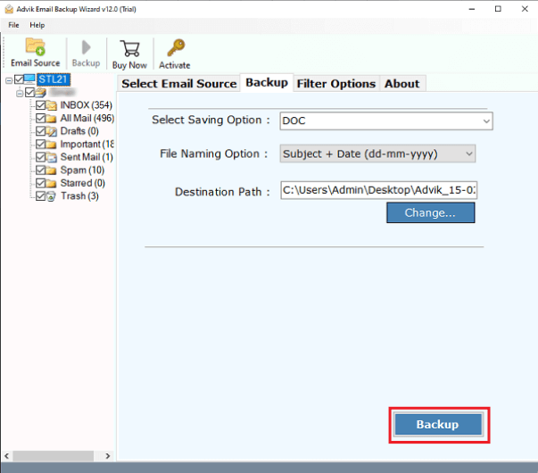 click the Backup to export Exchange Online emails to Word Document