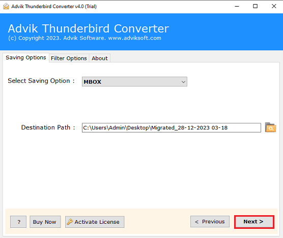 click Next to export all thunderbird emails with attachments