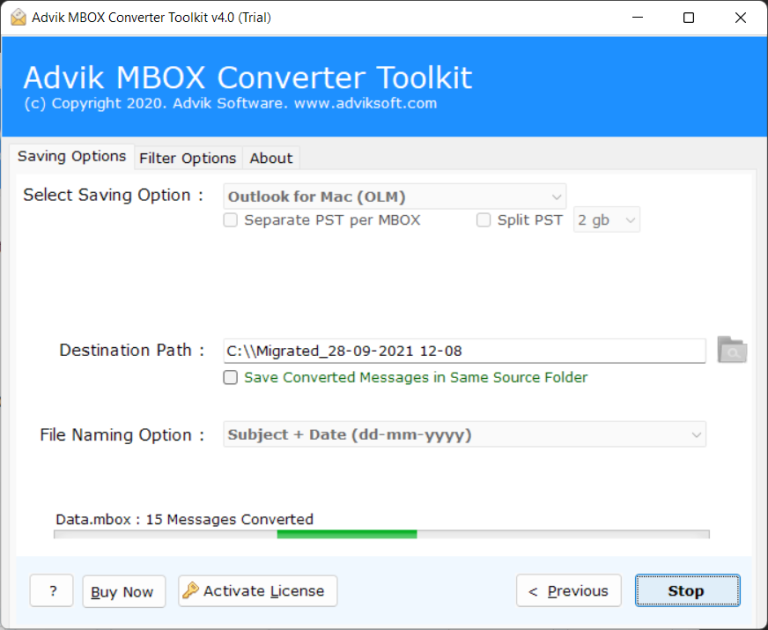 click Convert to export apple mail to olm