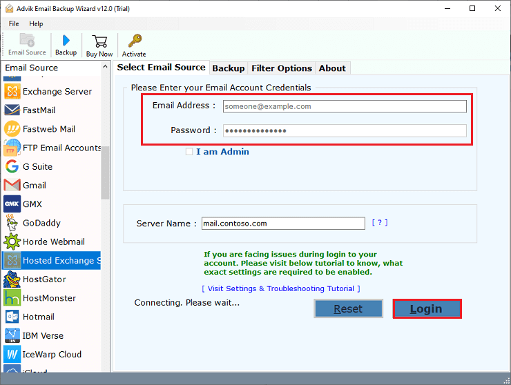 Enter your Exchange Online login details