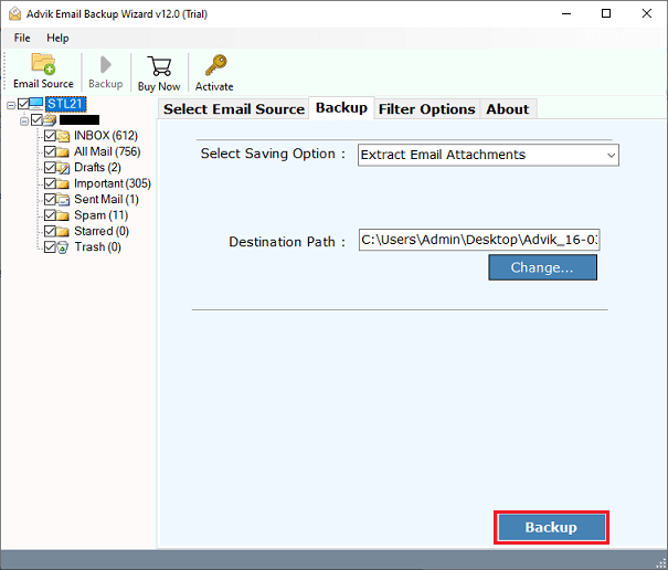 click the Backup to extract email attachments from exchange