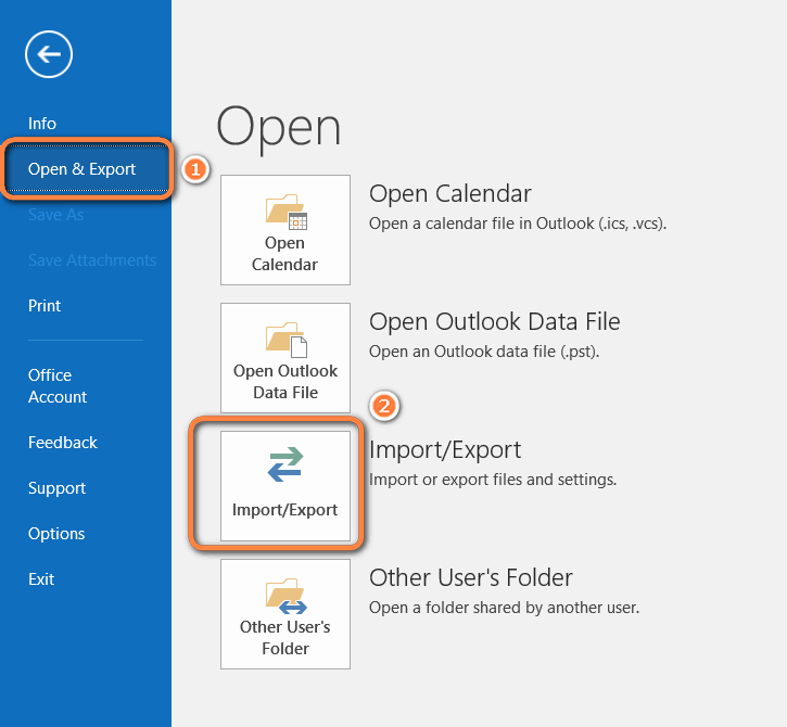 Open & Export, then select Import/Export.