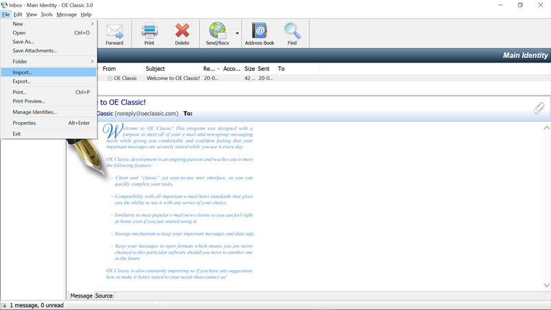 Click File and choose the Import pst file in oe classic mail