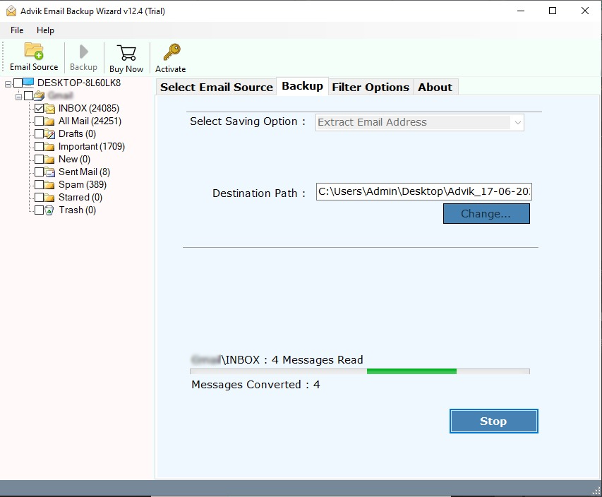 start exporting email addresses from website email account