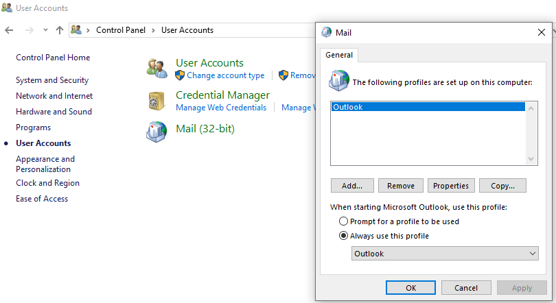 Check your Outlook profile