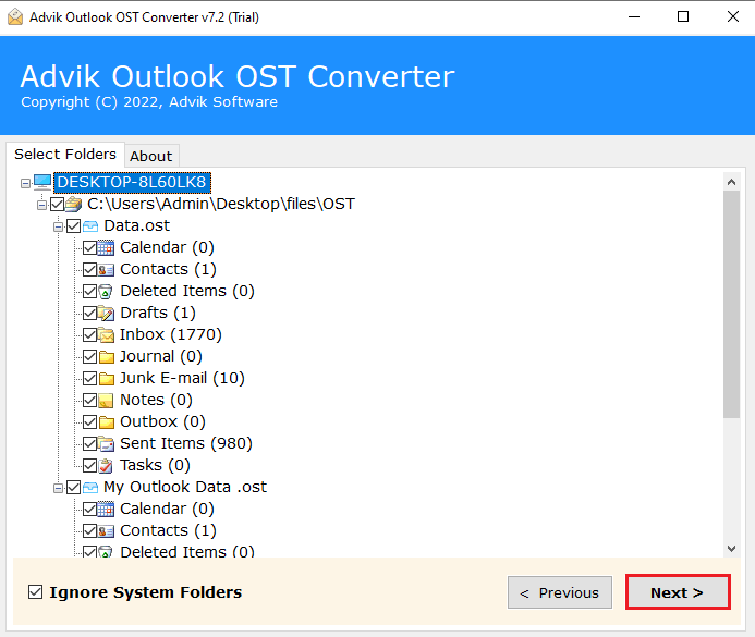 Choose the required OST mailbox
