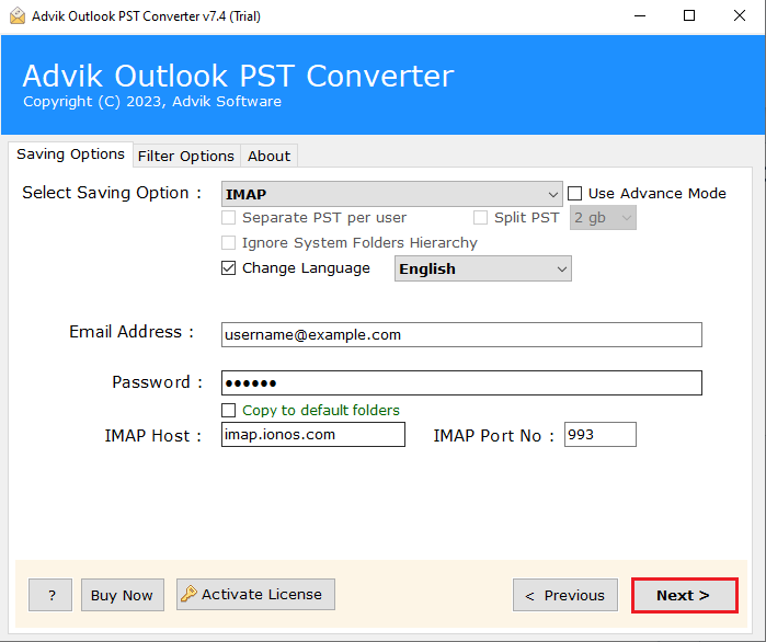 Enter Dovecot Server account details & import pst file