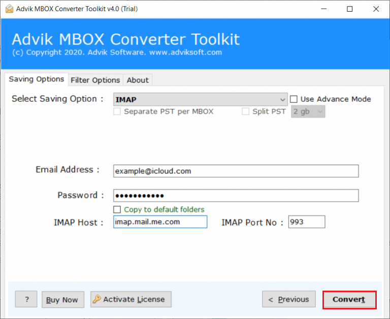 click convert to import MBOX to bluehost