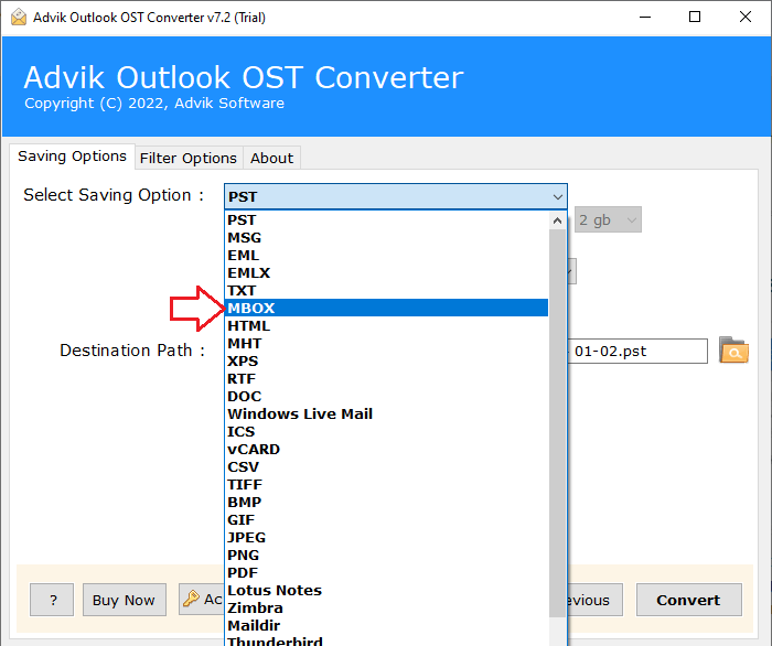 Select MBOX as a saving option