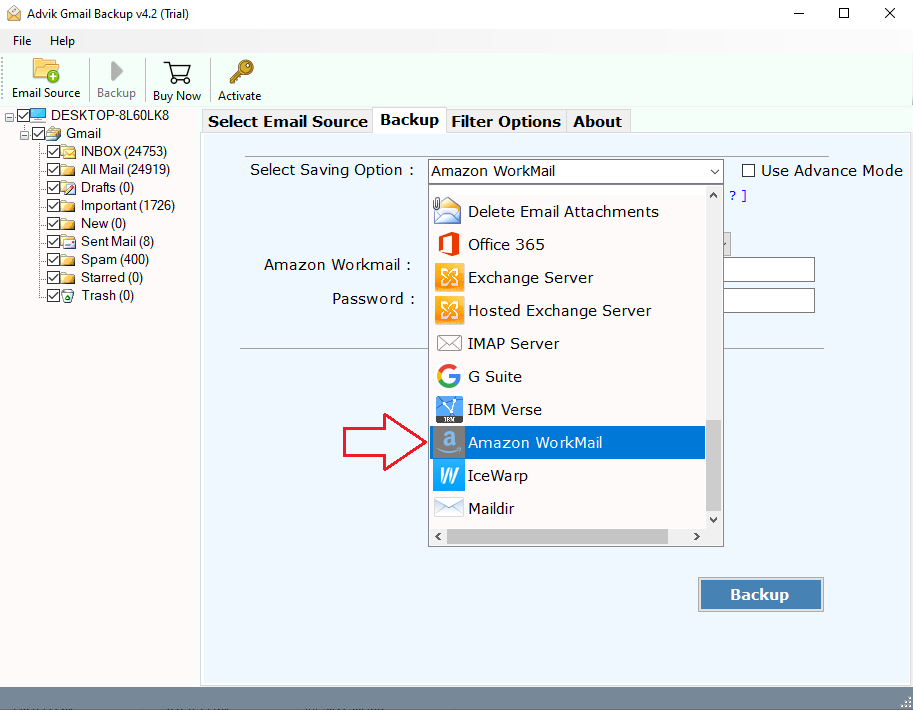 Choose AWS WorkMail as a saving option