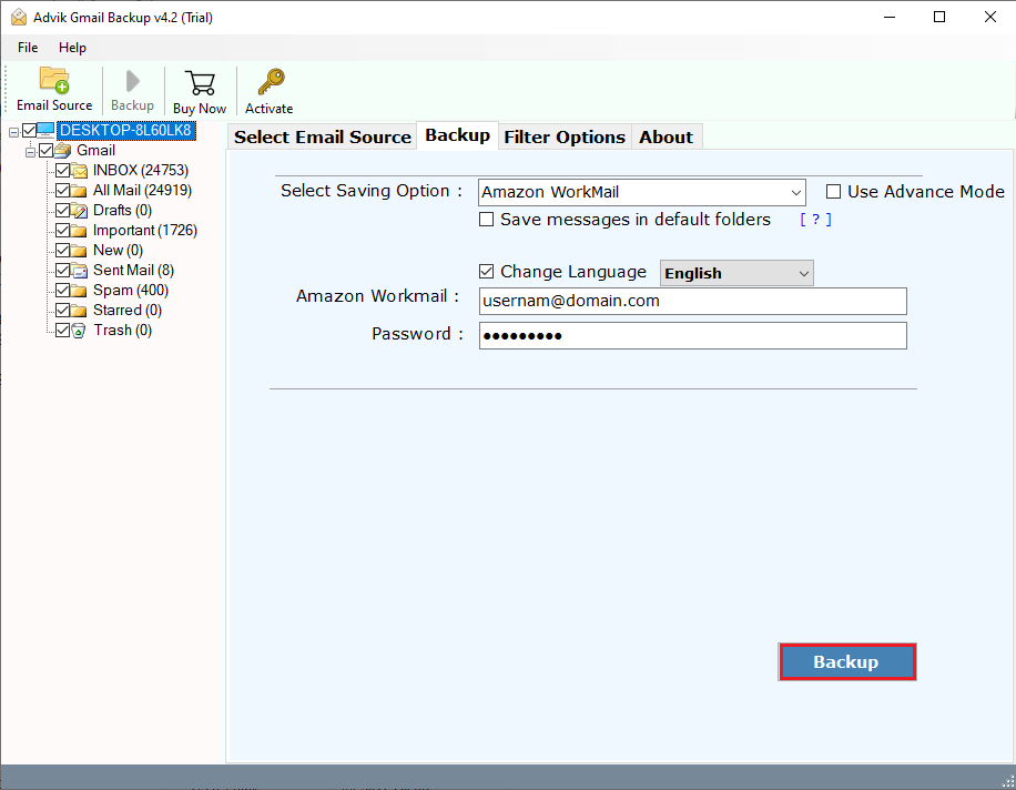 Enter Amazon Workmail account details to transfera gmail emails