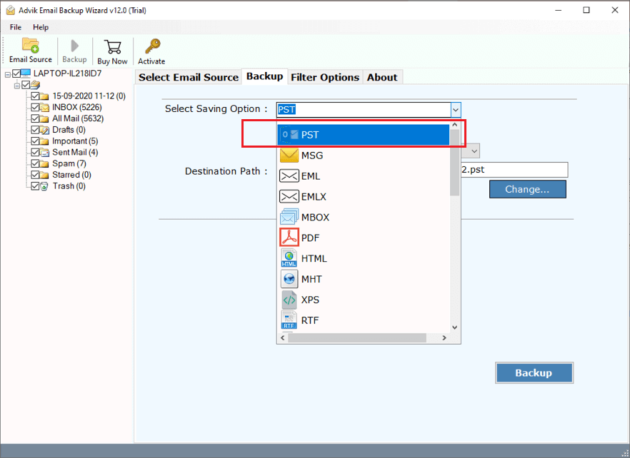 Choose PST as a file format