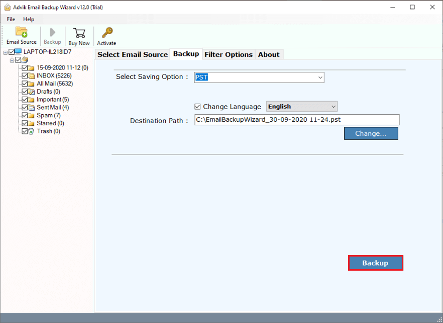 click backup to export hostinger emails to pst