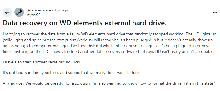 recover data from wd external hard disk which is not detecting query