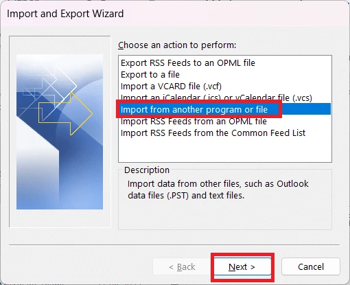 choose import from another program or file