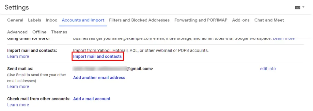 Click “Import mail and contacts