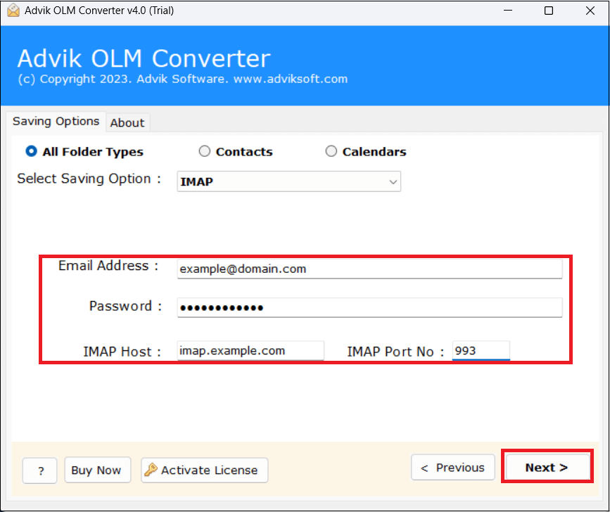Enter your IMAP Server login credentials