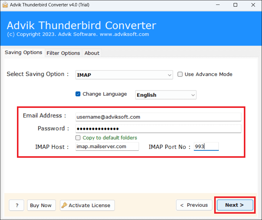 enter the Evolution Mail account login details
