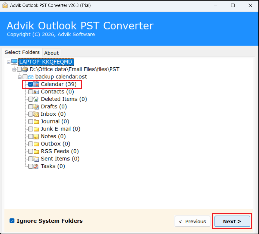 Choose the Calendar folder