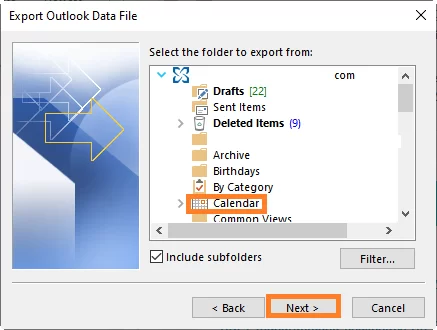 select the Calendar folder