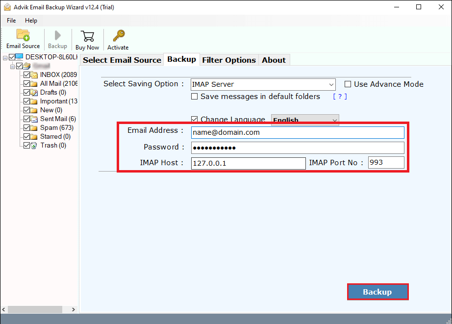 Enter destination domain email account login details