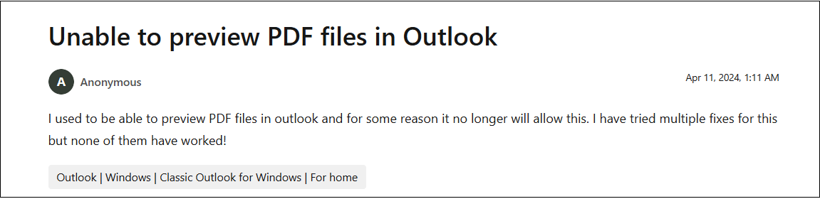 user query related to pdf preview handler not working in outlook