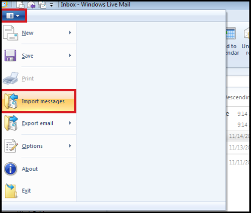 click on import messages