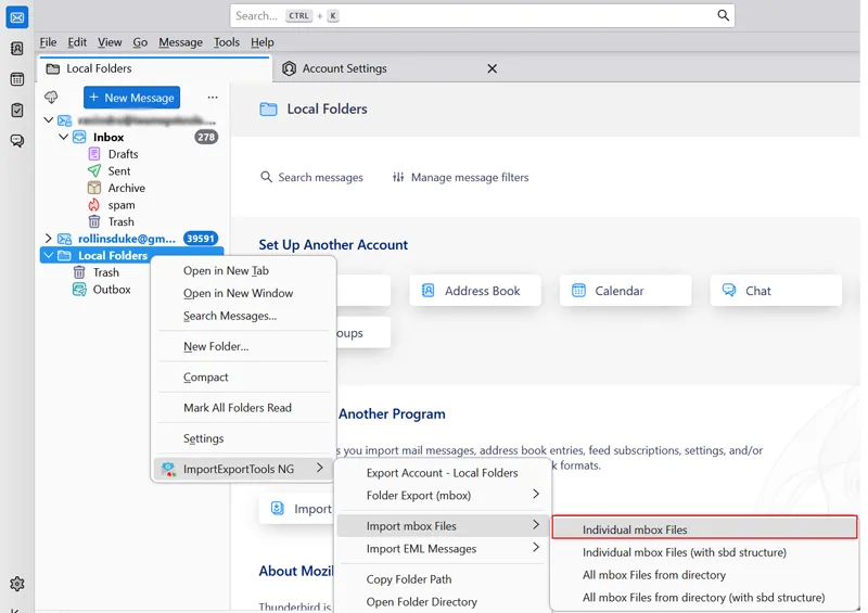 Local Folders > ImportExportTools NG > Import MBOX File