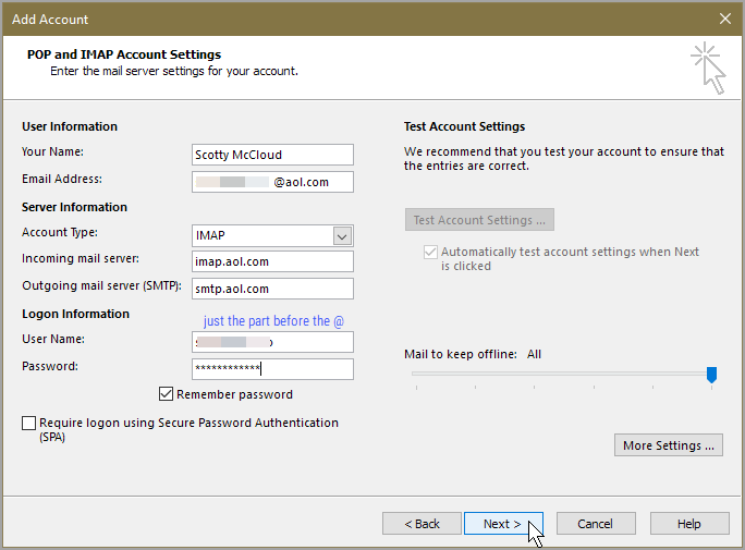 Enter AOL IMAP settings for Outlook