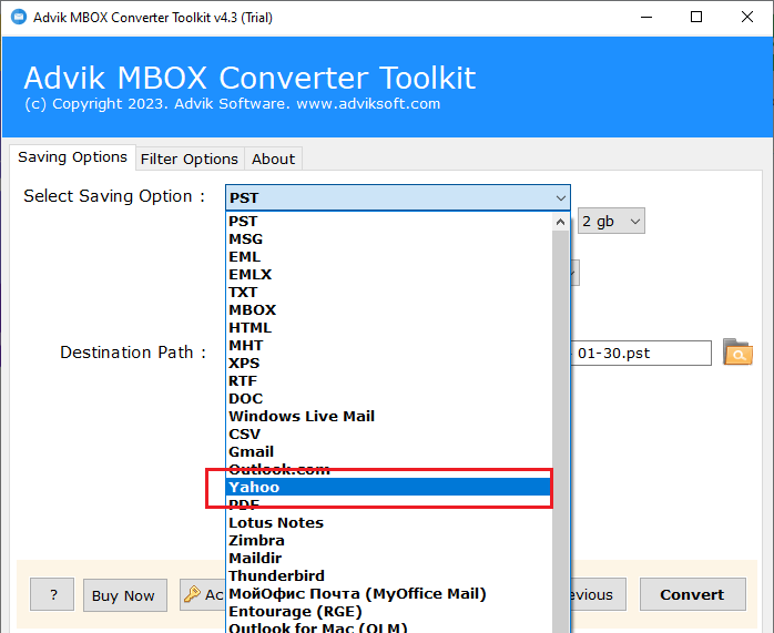 Select Yahoo as a saving option