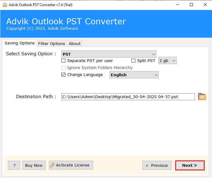 click next to merge email accounts in outlook