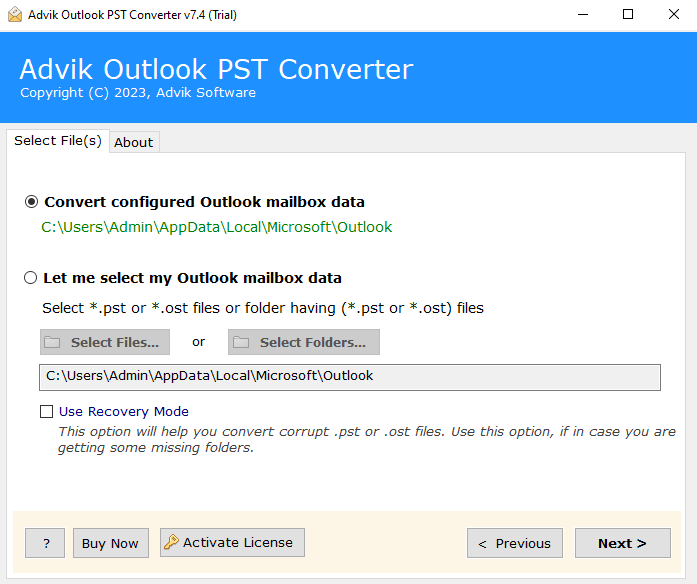 select the configured Outlook account data