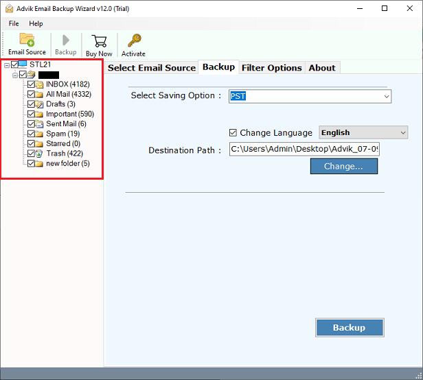 Select the required email folders to transfer into pst
