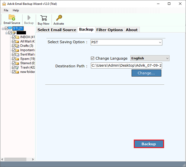 click backup to move old emails to pst