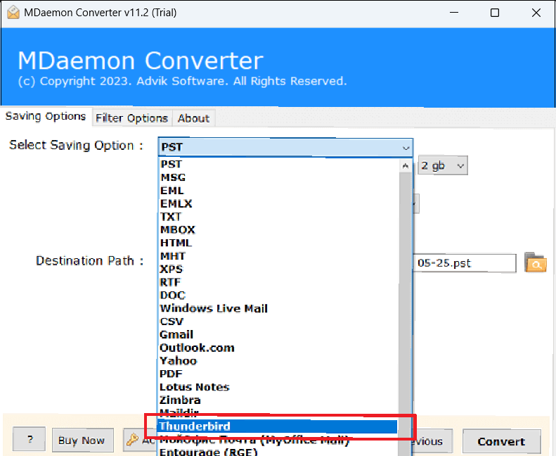 select Thunderbird as a saving option