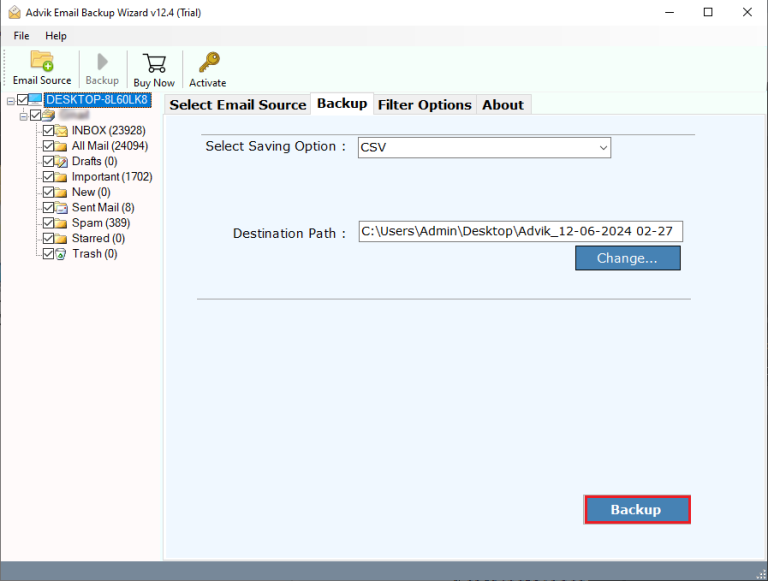 click backup to export lotus notes to excel