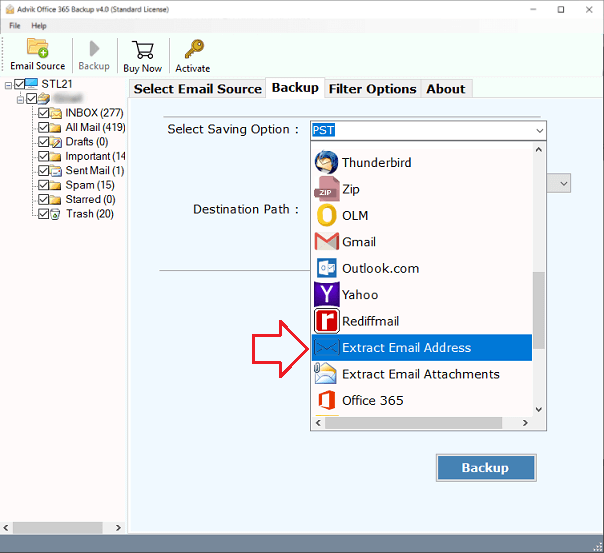 From the saving options, select "Extract Email Address"