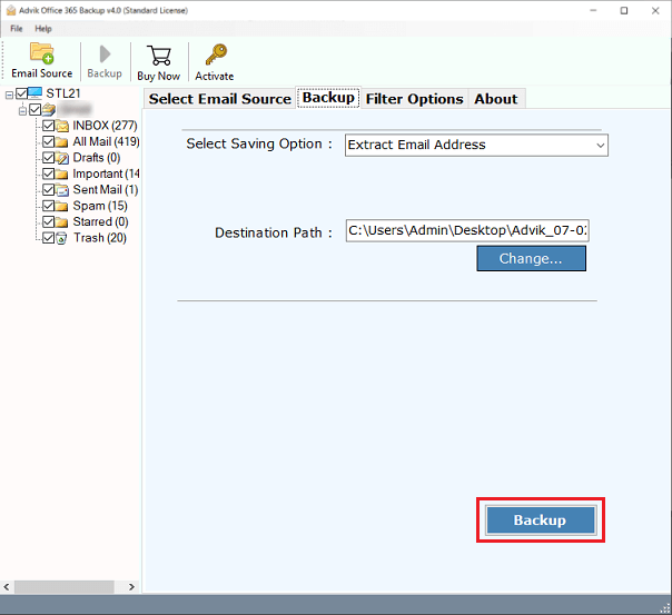 click backup to extract email addresses from office 365