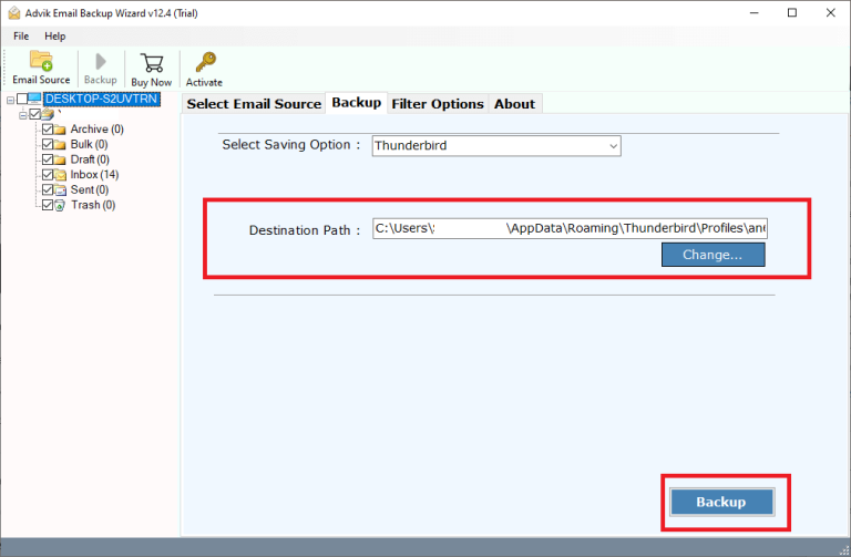 click backup to import emails to thunderbird