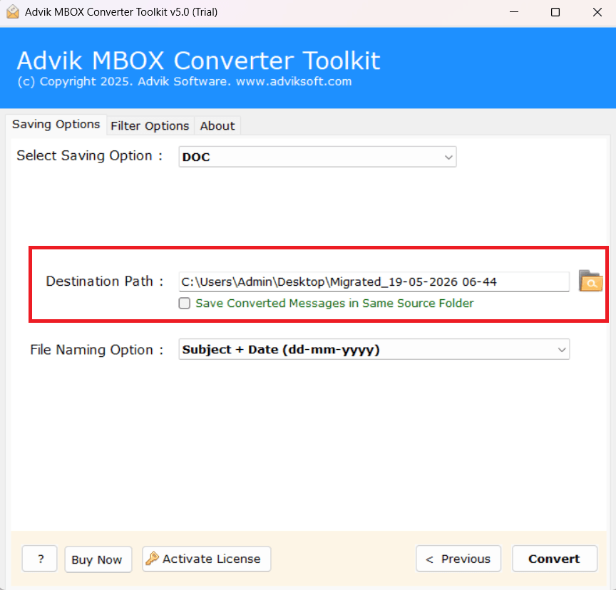 Select the destination path to extract attachments from mbox file