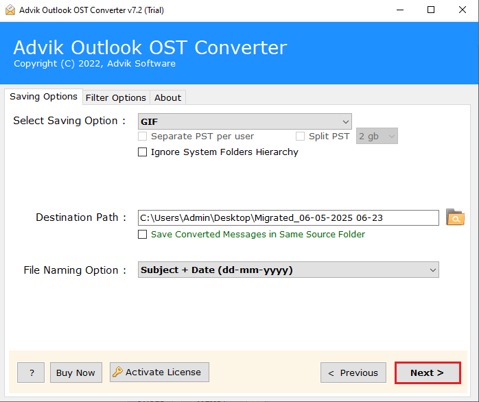 click next to export outlook emails to gif