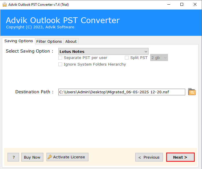 click next to move outlook to lotus notes